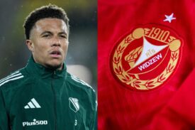 Steve Kapuadi i logo Widzewa Łódź