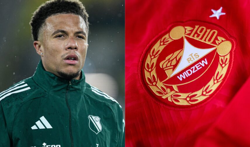 Steve Kapuadi i logo Widzewa Łódź