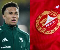 Steve Kapuadi i logo Widzewa Łódź