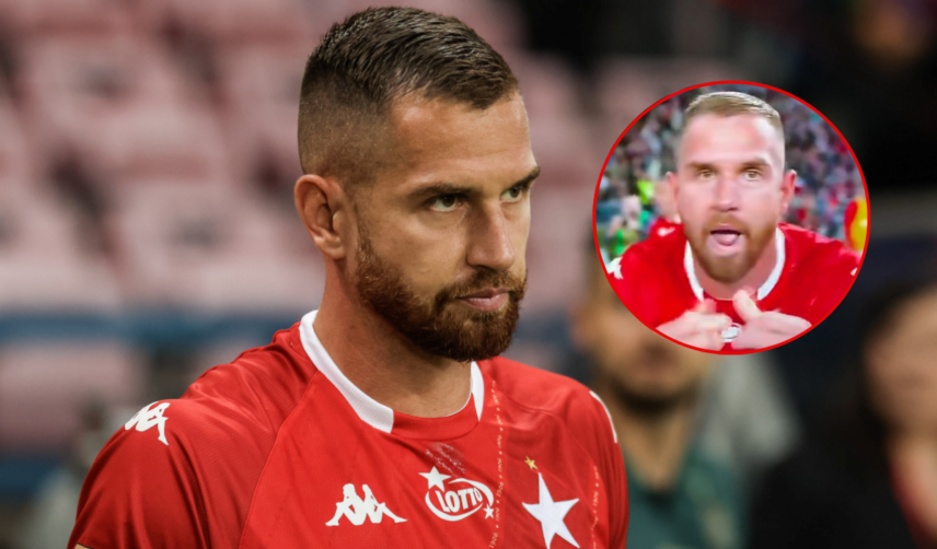 Alan Uryga cieszynka Jordiego Sancheza